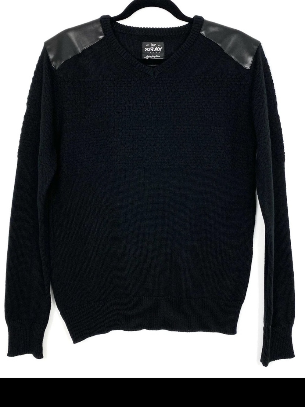 Men's Xray Jeans Black Knit V Neck Pullover Sweater Faux Leather Shoulders M